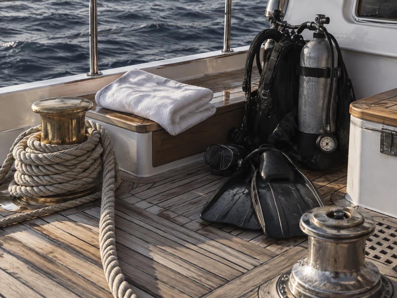 Teak deck at early light with coiled rope, a brass fitting and dive equipment set down