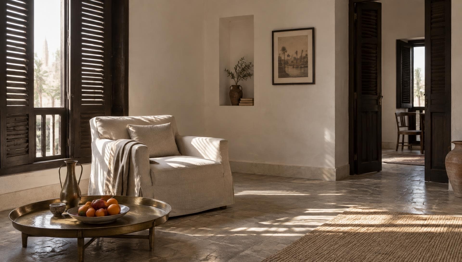 A quiet interior in ivory and limestone: linen, stone, brass and long afternoon shadow