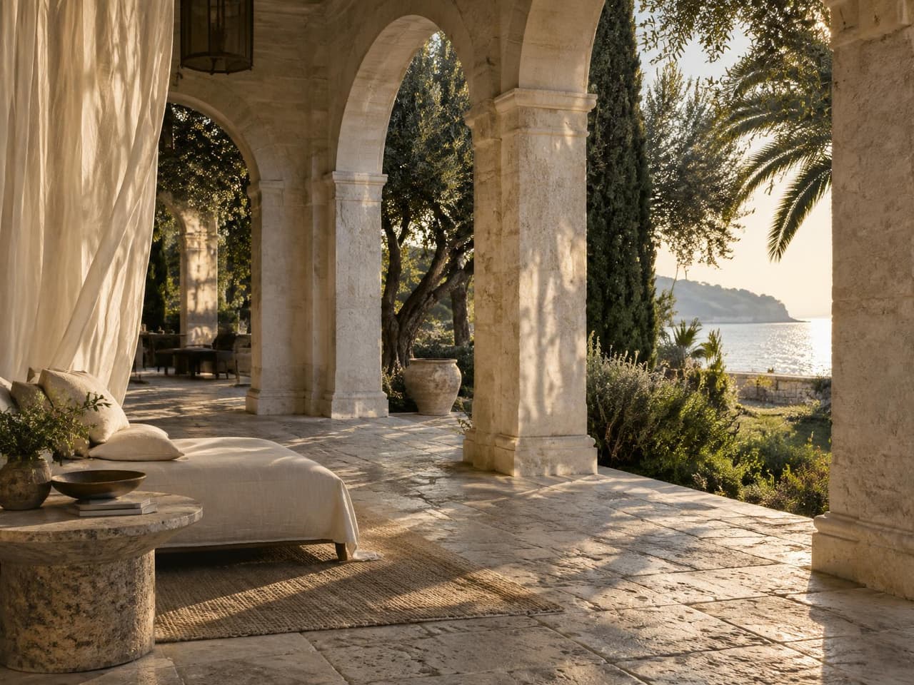 A limestone arcade in late shade beside a coastal garden, water glimpsed past the columns