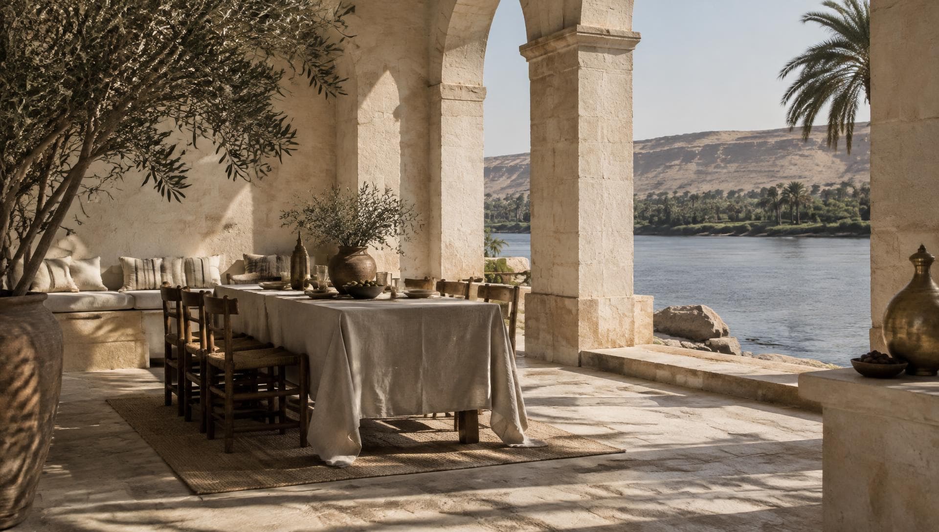 A shaded limestone terrace with a long linen-dressed table where water meets architecture
