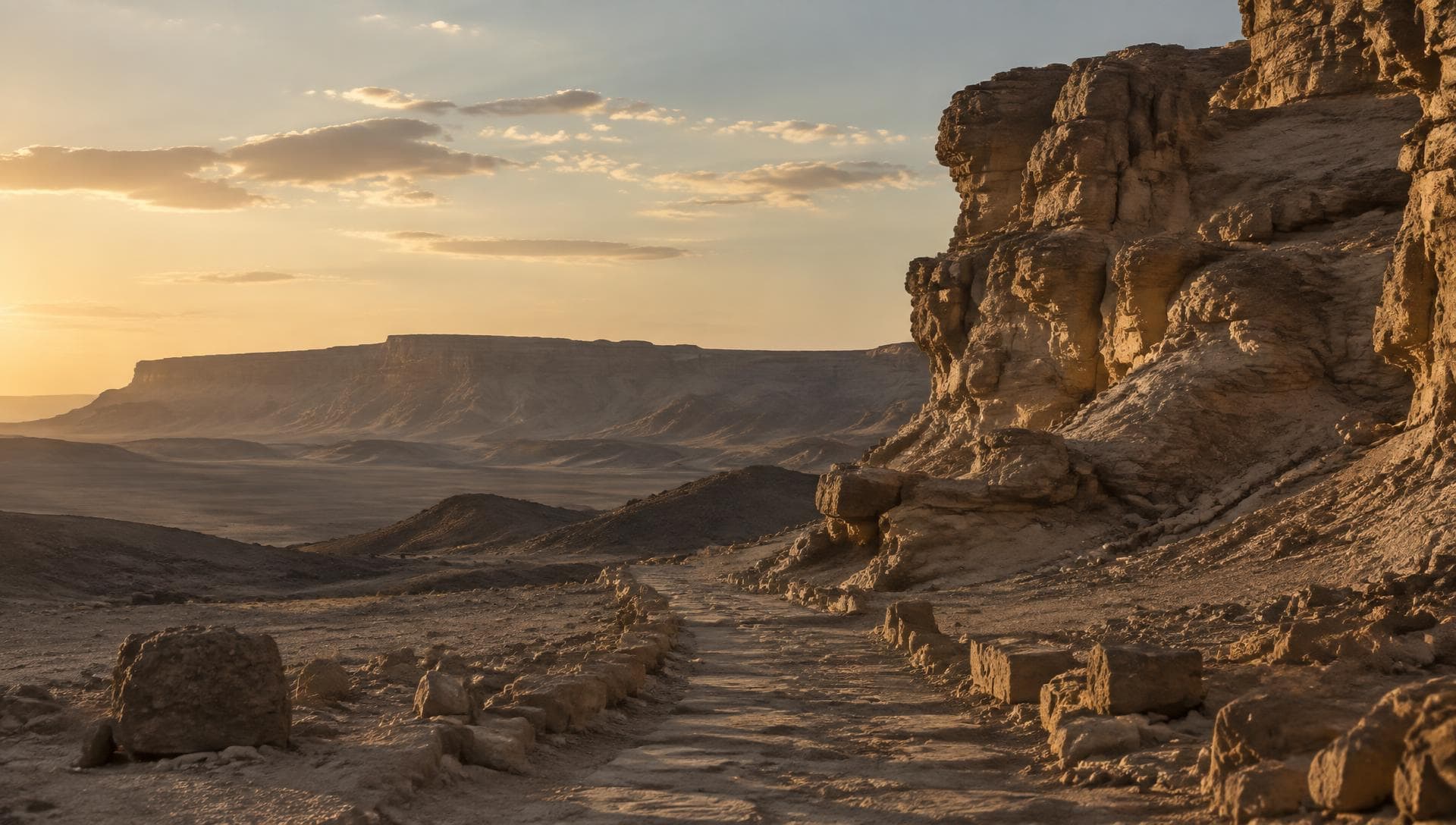A road through desert stone in late light, with landscape stretching to scale