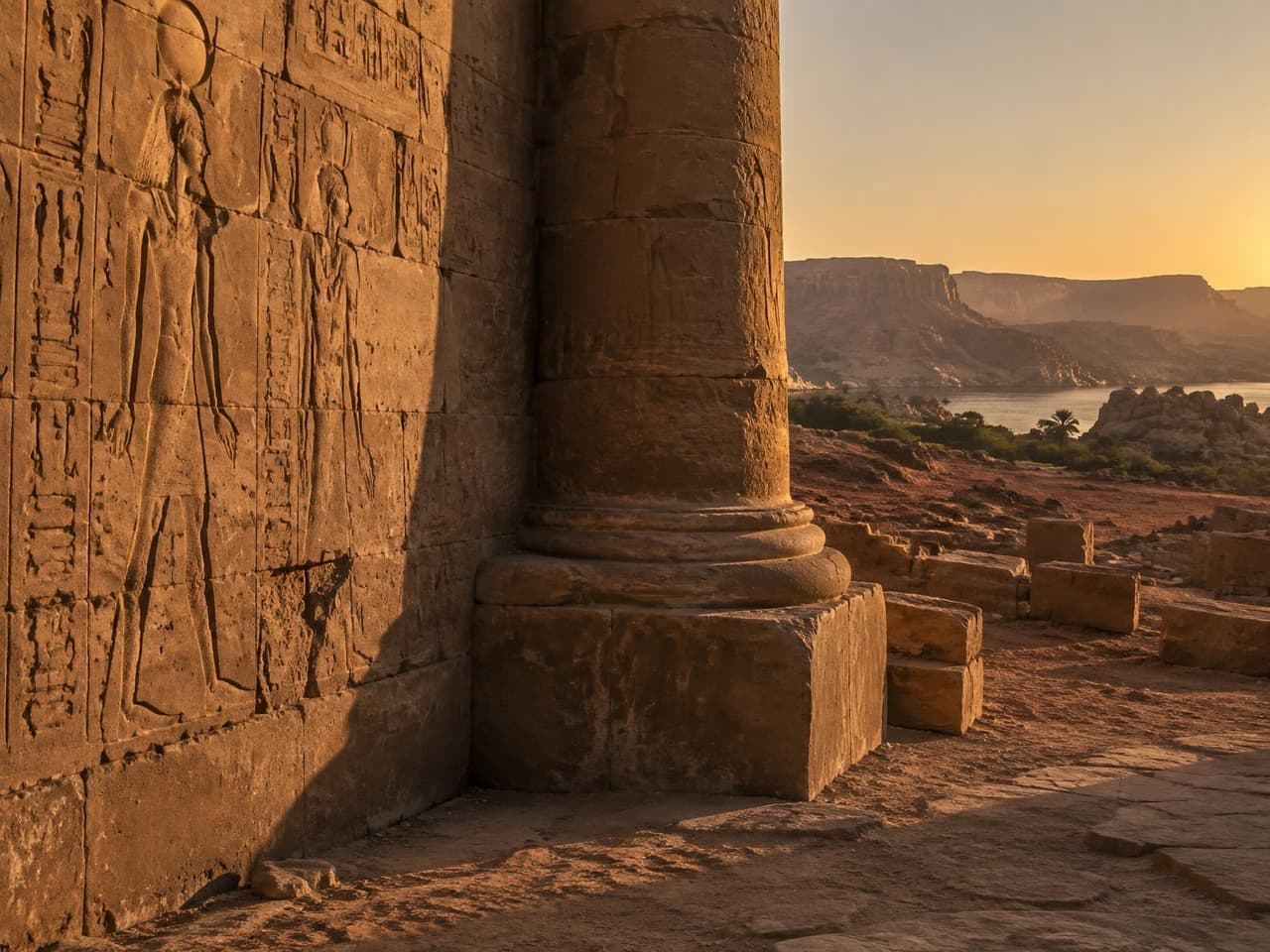 Weathered carved sandstone and a column base in late golden light, dry landscape beyond